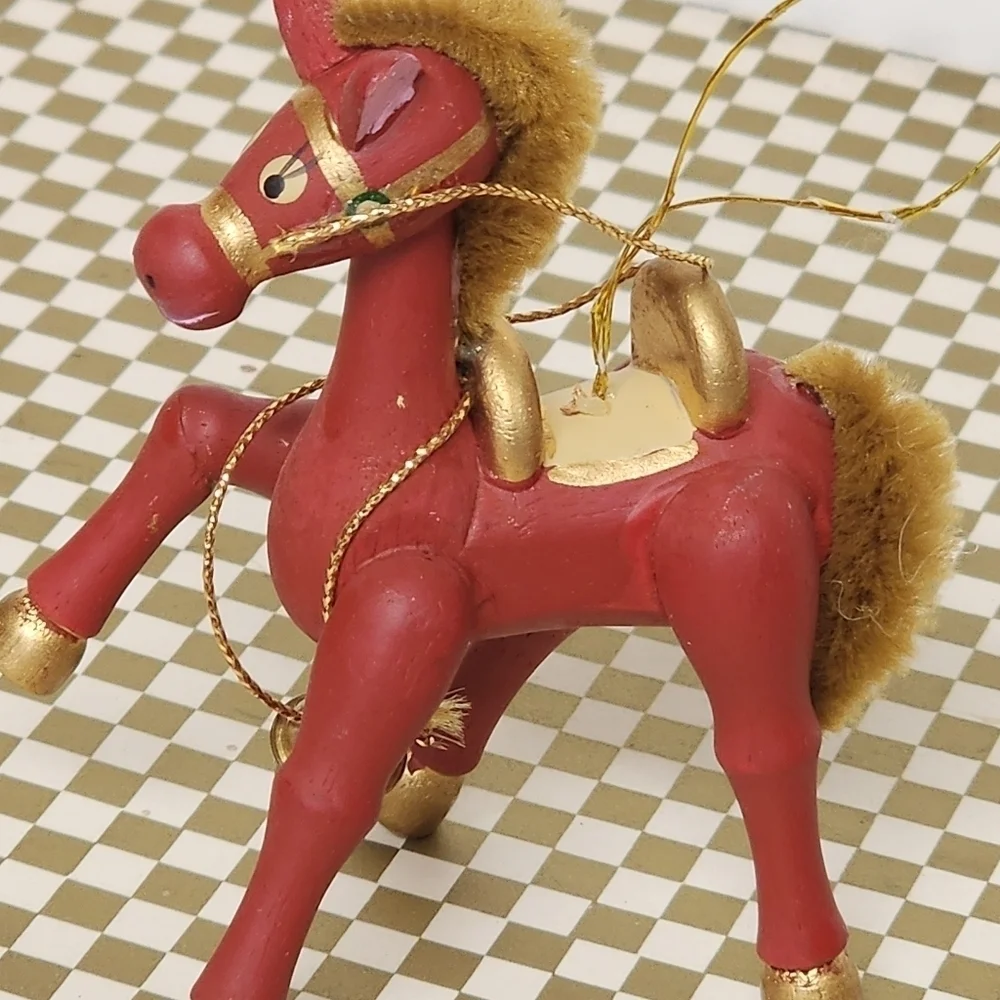 Red Wooden Horse Christmas Ornament Mane and Tail Russ Taiwan Vintage Cute